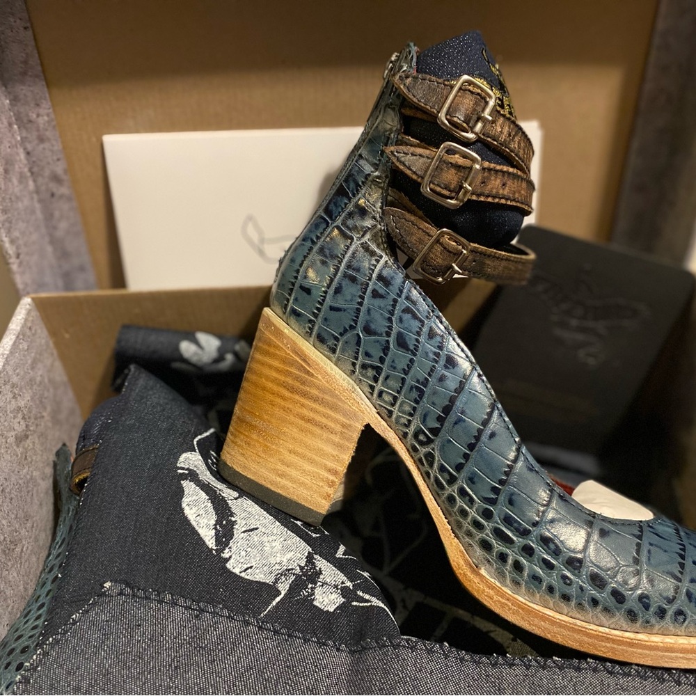 Freebird Blue Crocodile Patterned Heeled Boots